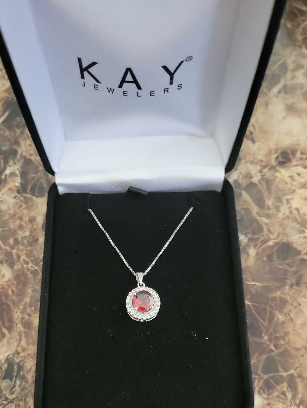 Kay Jewelers Silver Necklace with Garnet Gemstone Halo Pendant